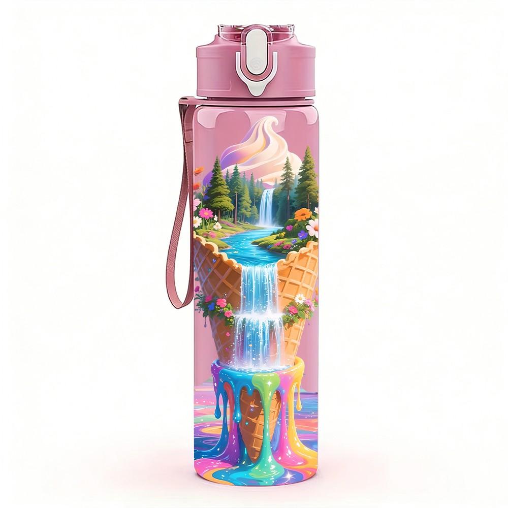 1PC Waterfall Mountain Fantasy Scenery Print 750ml Color Plastic Sports Water Bottle Leakproof Flip Straw Lid Suitable for Sports Office Home Use