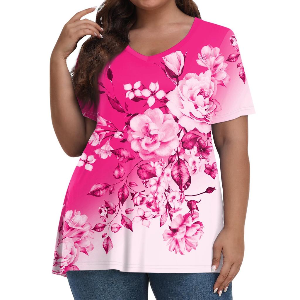 Womens Plus Size Tops Short Shirts V Neck Casual Clothing 3D Printed Tops T-Shirts