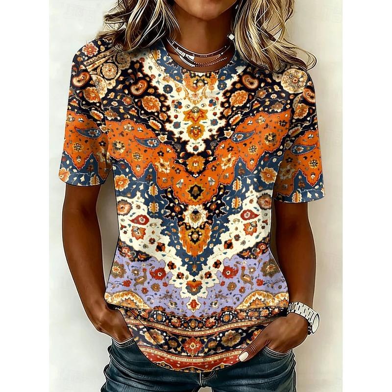 Women's T Shirt Print Vintage Stylish Casual Short Sleeve Crew Neck Round Neck Regular Tops Summer Spring