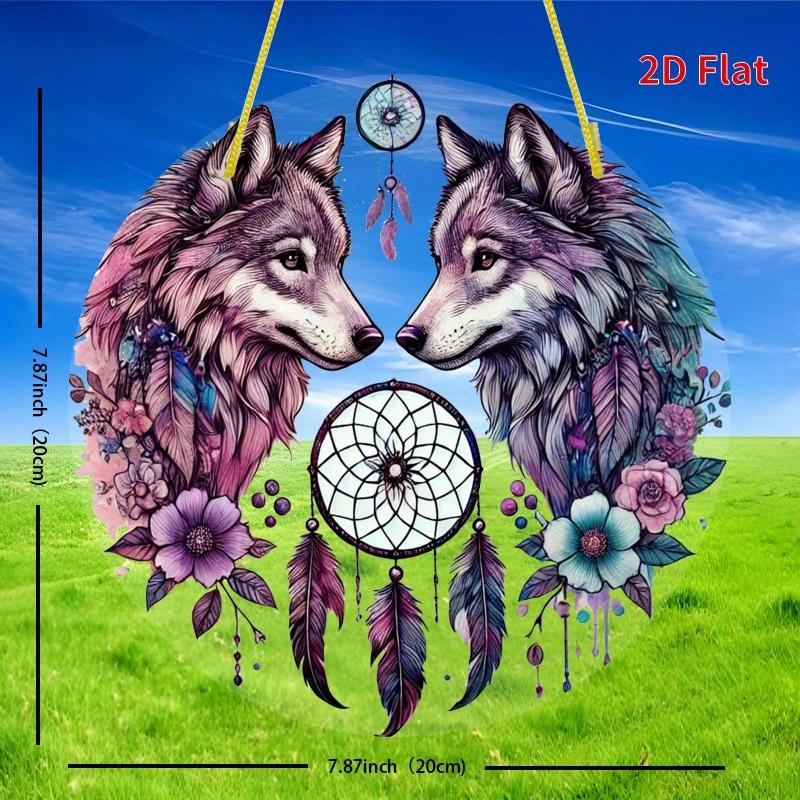 Wolf & Dream Catcher Ornament. 8x8 Inch Round Acrylic with Feathers & Flowers. A Perfect Gift.