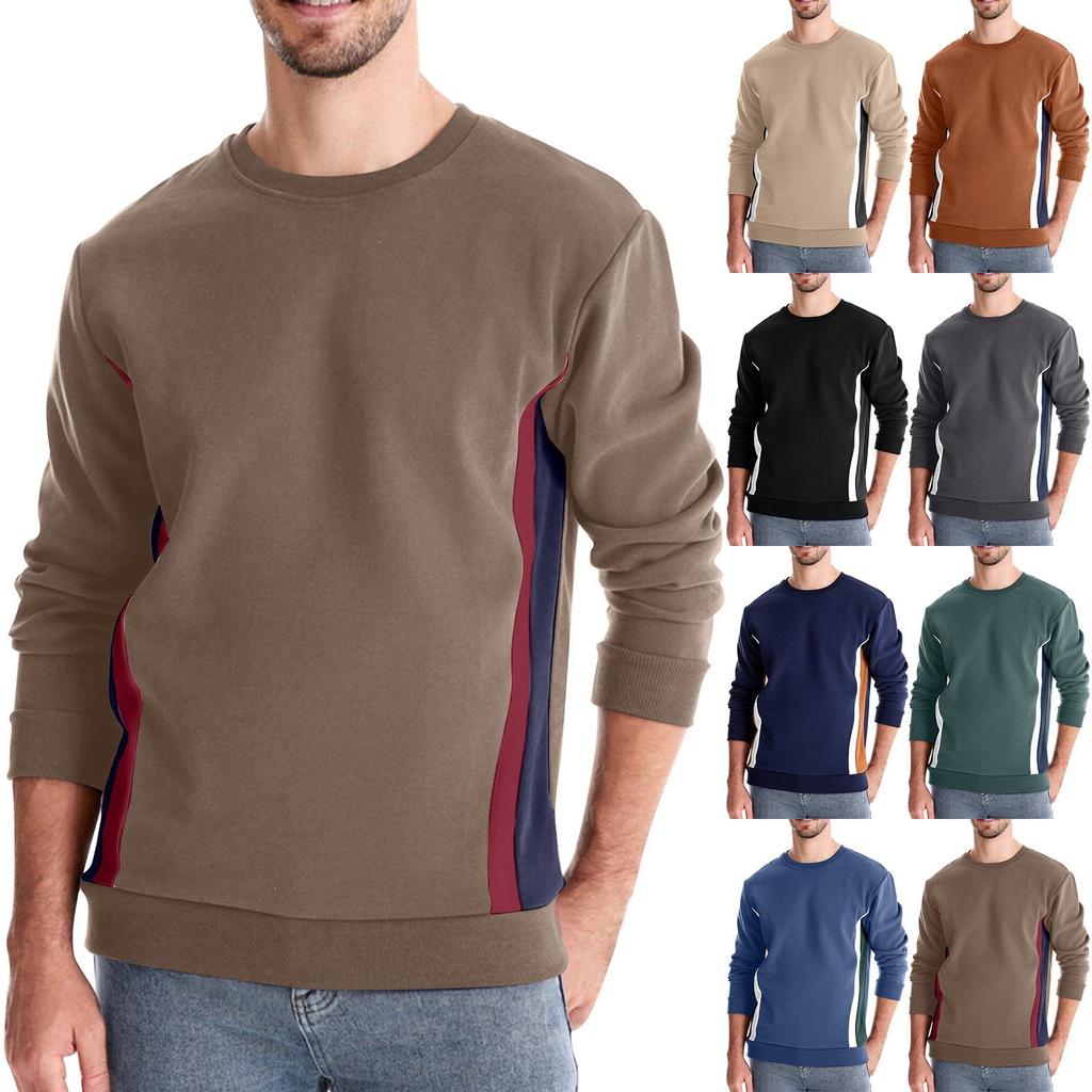 Men's Autumn Long Sleeve Solid Color Sweater Men's Loose Color Block Round Neck Casual Sweater