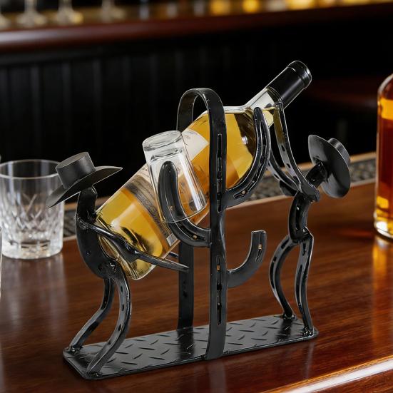 Western Cowboy Cactus Wine Bottle Rack Metal Tabletop Wine Holder with Glass Support Rustic Decorative Bar Accessory for Home Bar Restaurant Cafe