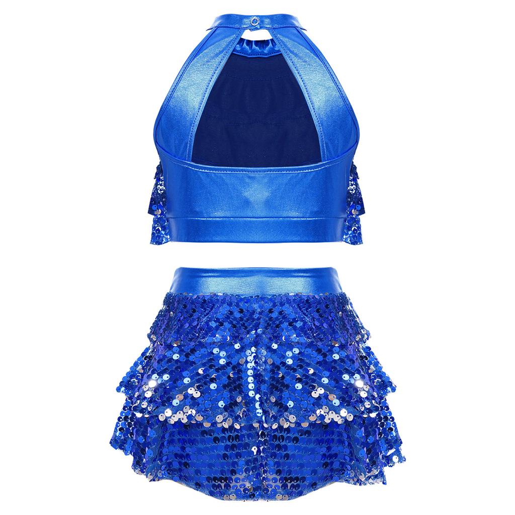 Girls Sparkling Dance Set Sleeveless Round Collar Backless Shiny Sequins Tiered Crop Top Elastic Waist Skirt