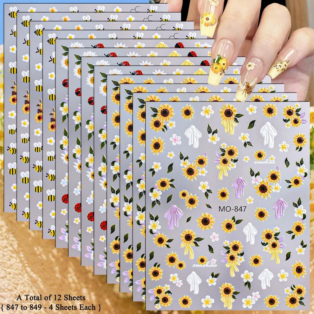 3 to 15 Sheets 5D Sunflower Daisy Nail Stickers Bee Ladybug Flower Decals Self Adhesive Spring Nail Art