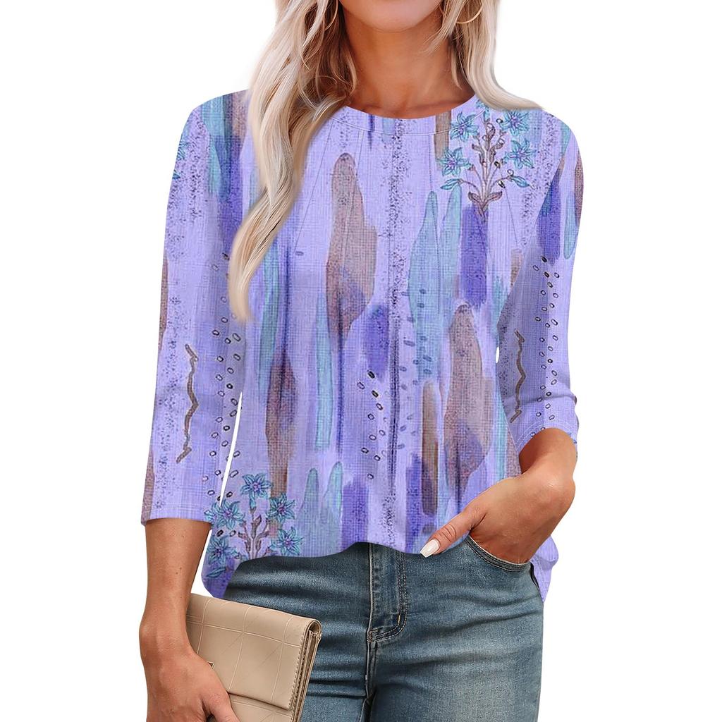 Женская модная повседневная футболка с круглым вырезом и рукавом семь четвертей в стиле ретро с принтом, плиссированная футболка