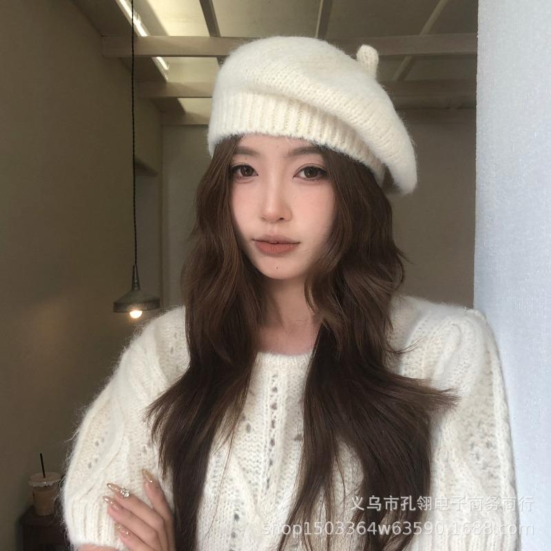 Women S Solid Color Warm Beret Hat For Autumn Winter Slim Face Look Vintage Style