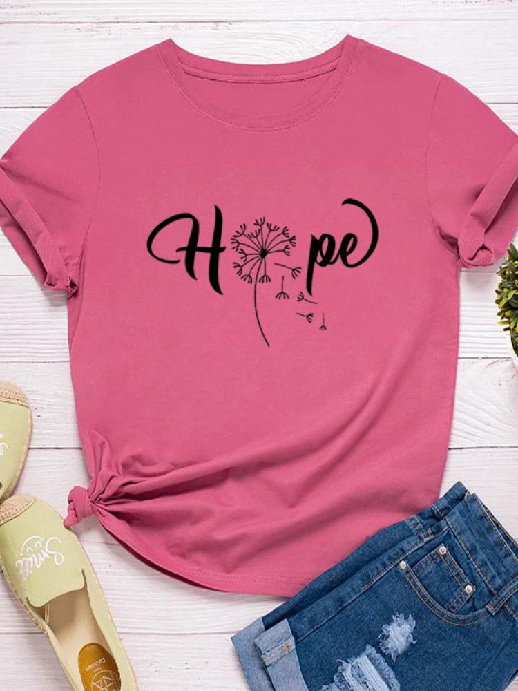 Dandelion Hope Letter Print Женская футболка с коротким рукавом и круглым вырезом Свободная женская футболка Женская футболка Топы Одежда Camisetas Mujer
