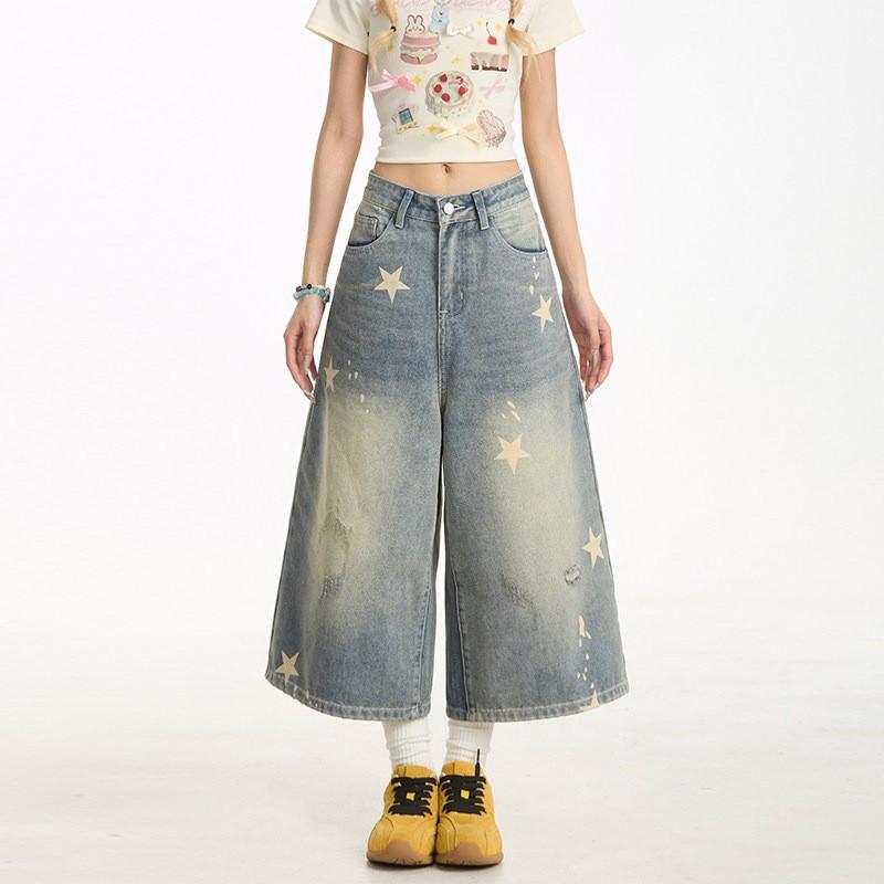 Womens Vintage Star Embroidered Denim Shorts Loose Wide Leg Casual Cropped Jeans