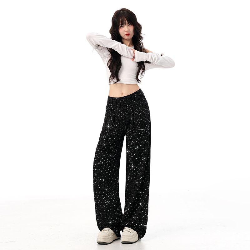Hot stamping trendy Tencel narrow version wide leg jeans for women with high waist and drooping feeling, ice silk thin straight leg pants