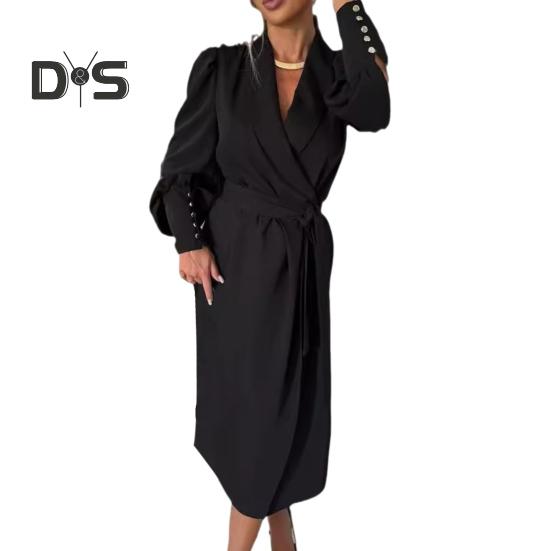 Women Formal Dress Business Style Turn-down Collar Long Sleeve Pure Color Slim Fit Lace-up Cross Cardigan Dress Spring Midi Dress OL Commuting Dress