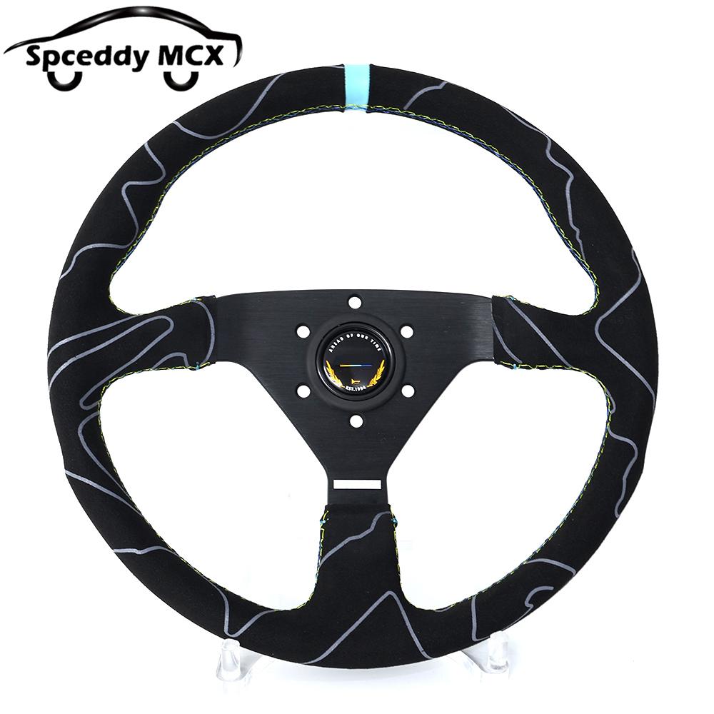 JDM Suede Leather Steering Wheel Drift Sport Pull Up Steering Wheel 14inch 350mm Flat V1
