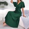 Casual Dresses - Elegant Summer Maxi Dress V Neck Short Sleeve Solid Color Pleated Long Dress Women Fashion Spring Summer Sizes S XL