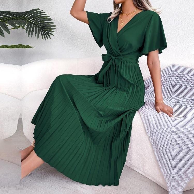 Casual Dresses - Elegant Summer Maxi Dress V Neck Short Sleeve Solid Color Pleated Long Dress Women Fashion Spring Summer Sizes S XL