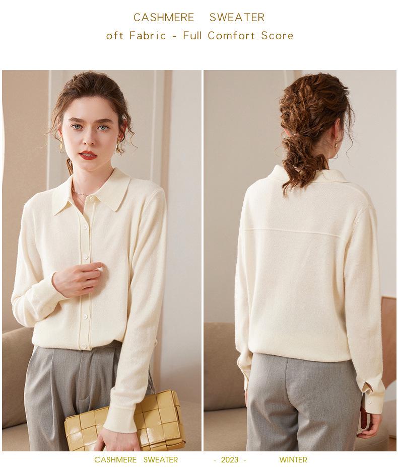 Women's Fashion Cashmere Polo Collar Cardigan - Loose Fit, Long Sleeve Knit Sweater for Autumn and Winter.
