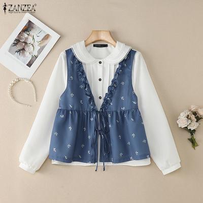 Женская повседневная блузка с кукольным воротником, свободного кроя, с длинным рукавом, в стиле пэчворк