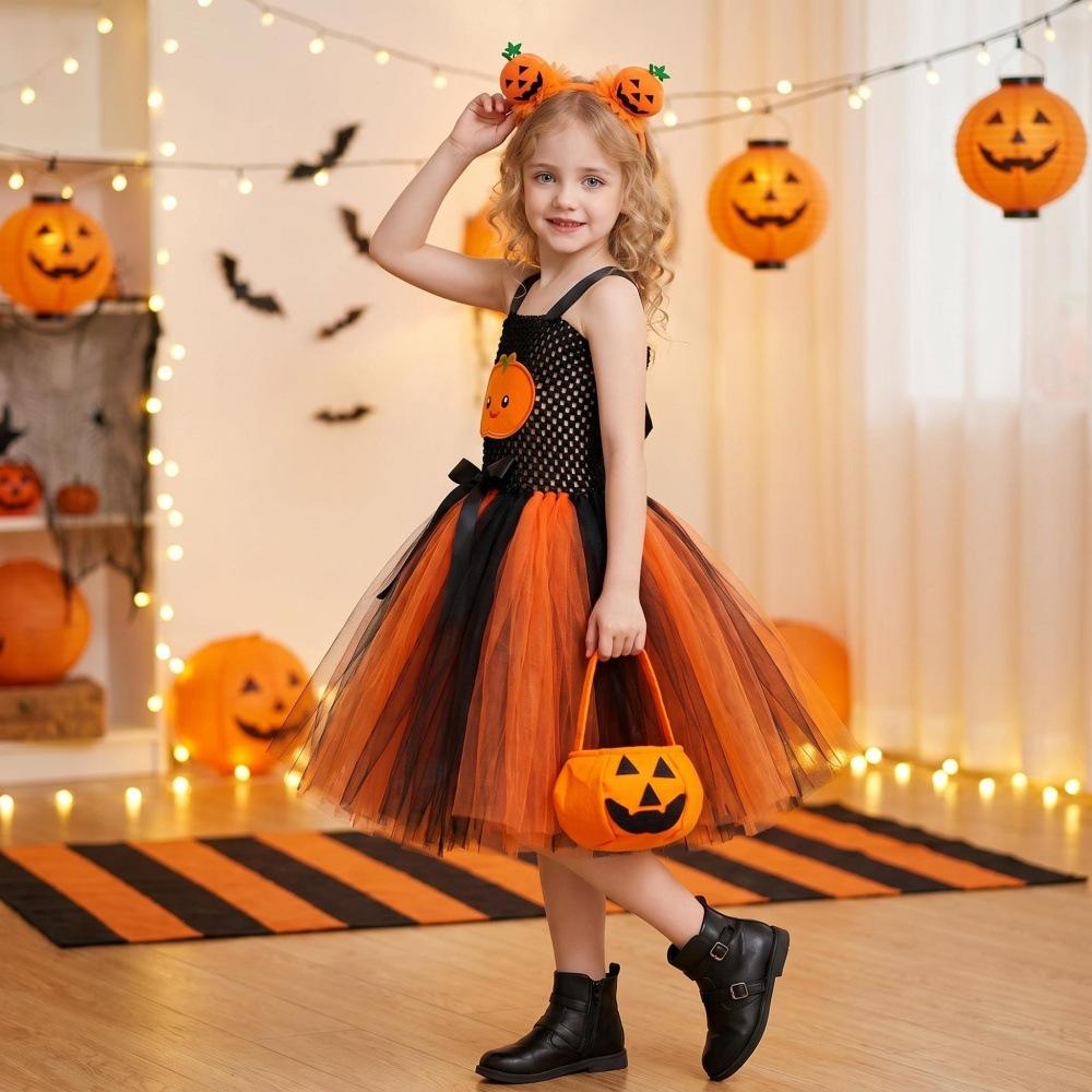 Kids Halloween Witch Cosplay Outfit, Pumpkin Tulle Skirt Carnival Party Stage Dress