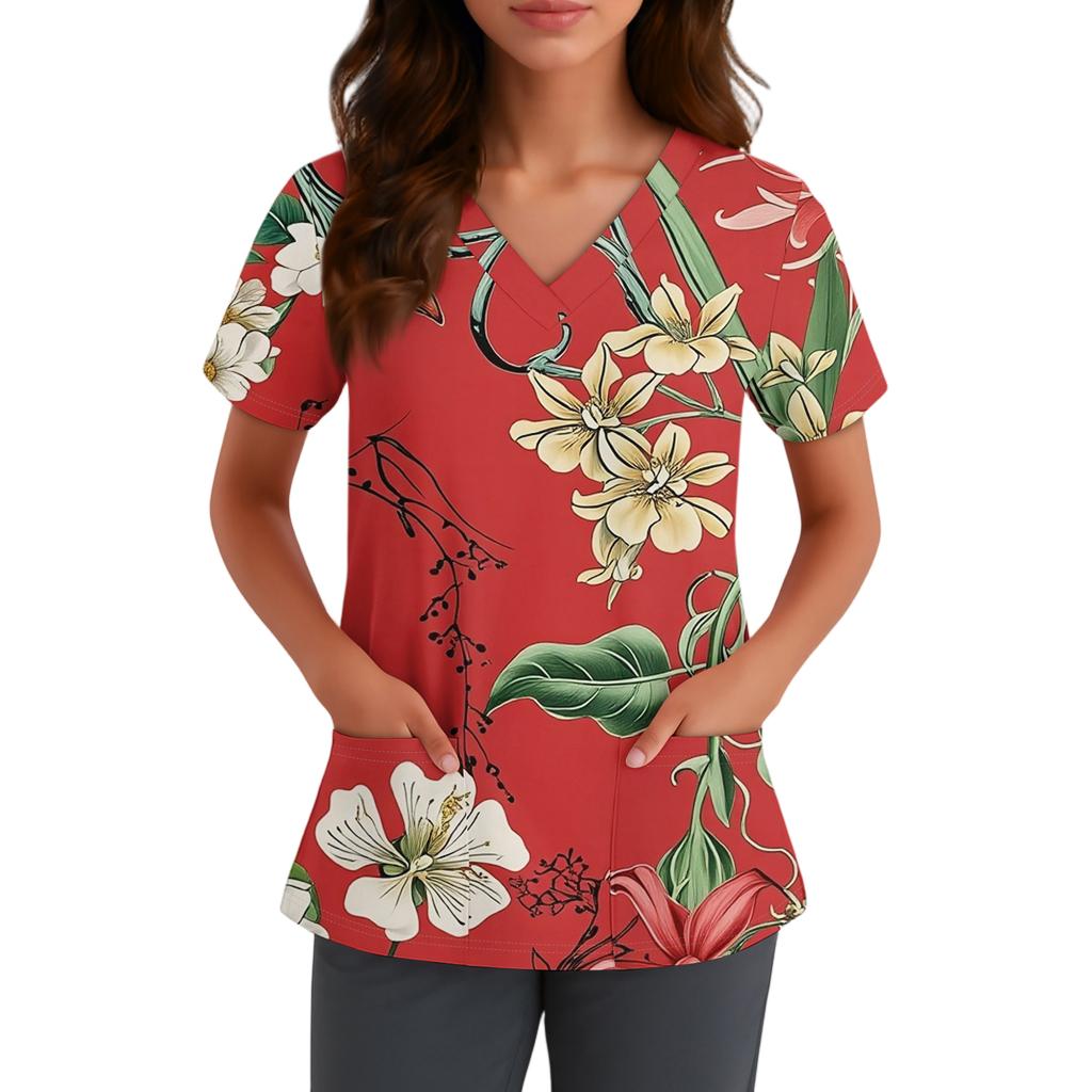 Женская милая блузка с принтом бантиков, рабочая одежда, V-образный вырез, двойной слой, карманы, базовая, с коротким рукавом, пуловер