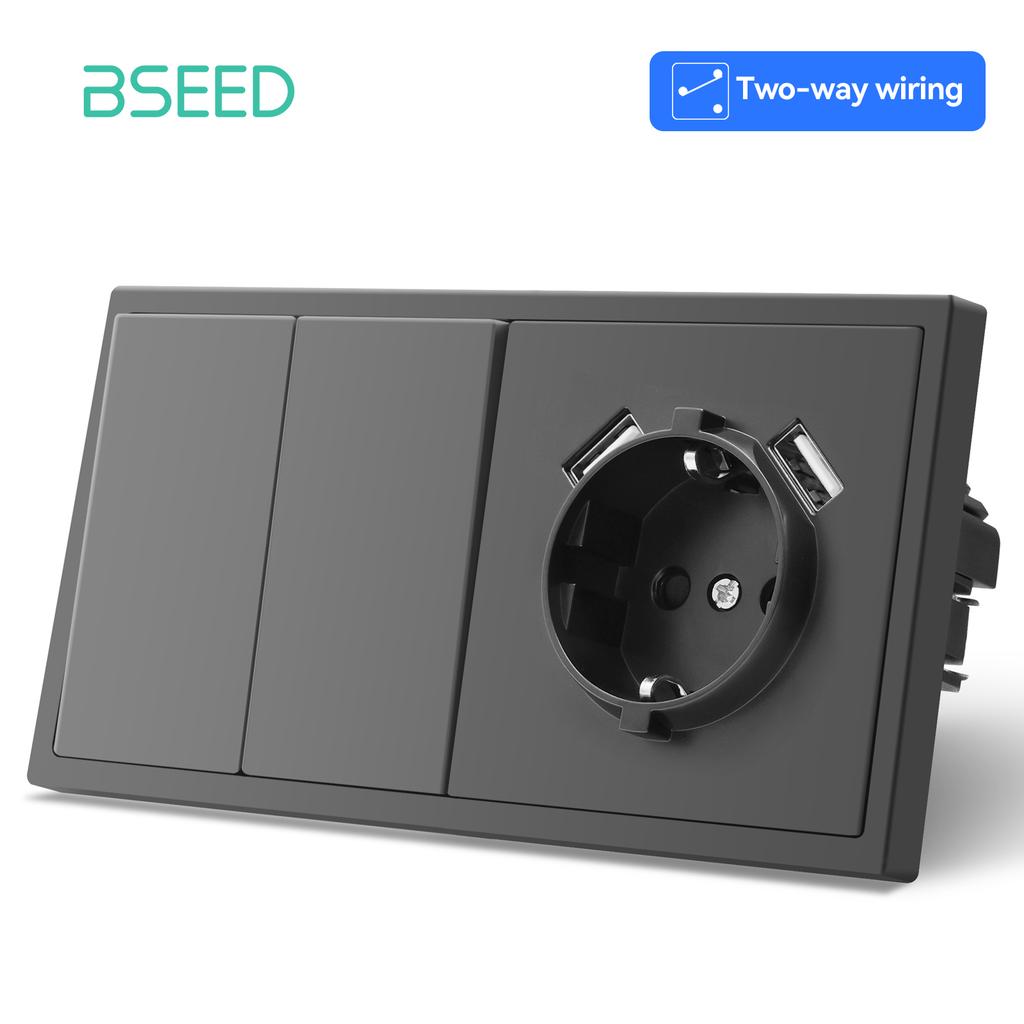 BSEED 1/2Gang Large Button Light Switches 1/2Way Plus Wall Power Type-c USB Sockets Fast Charging EU Standard Plastic Frames