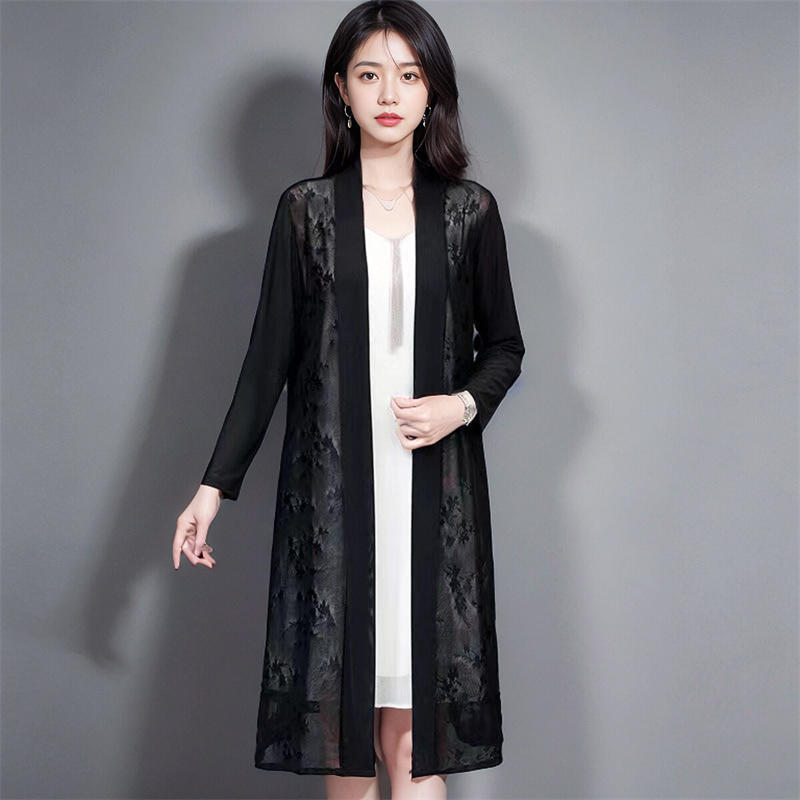 Жаккардовый шелк Ice Silk, весенне-летняя солнцезащитная одежда, женская кружевная шаль, сетчатый кардиган средней длины, тонкая куртка