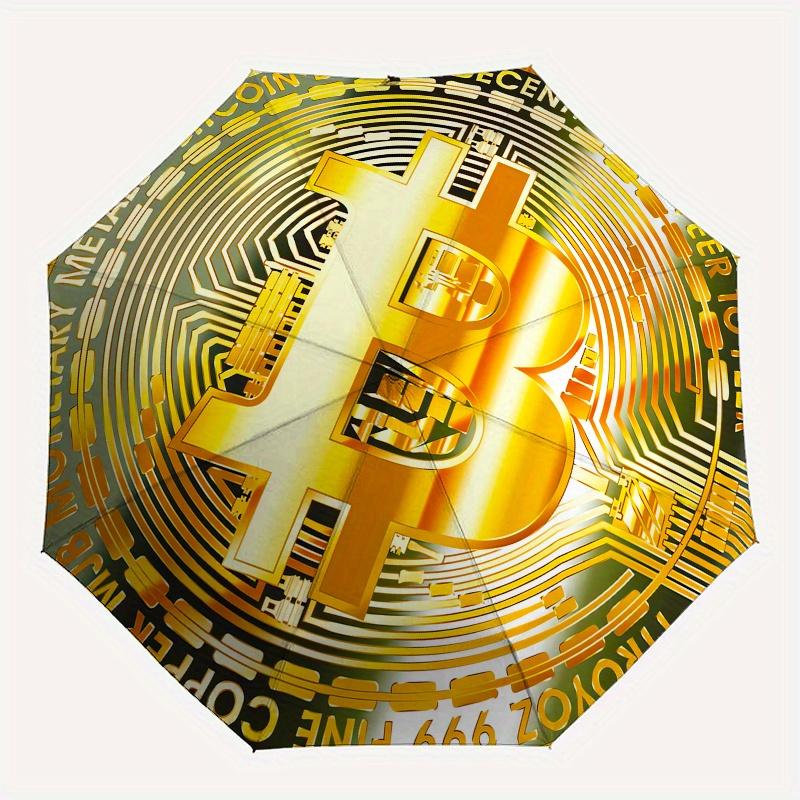 Bitcoin, Digital Currency Automatic folding umbrella simple eight rib design, bright color pattern, durable iron frame, ideal for travel an