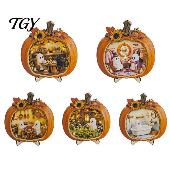 Miniature Scene Halloween Gifts Ghost Pumpkin Tabletop Sign, Wooden House with Mini Tiered Tray Ornaments Scene, Fall Harvest Desktop Ornament
