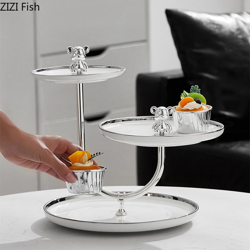 Трехслойная фруктовая тарелка с медвежонком, креативная тарелка для сладостей, закусок, десертов, свадебных тортов, стойка для показа на домашней кухне, керамическая посуда