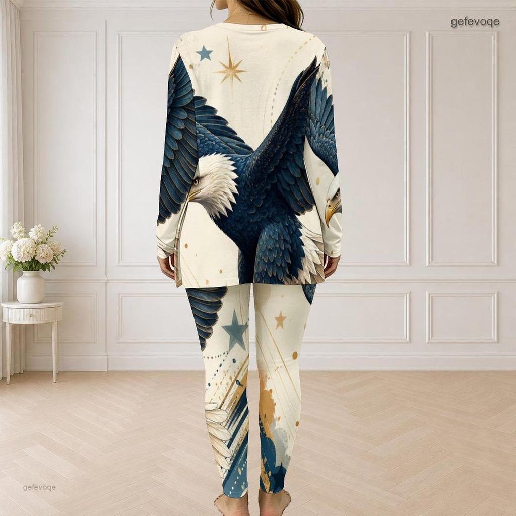 Women Plus Size Two Piece Pants Set Half Zip Long Sleeve Blue Star Printed Longline Top Fitted Pants