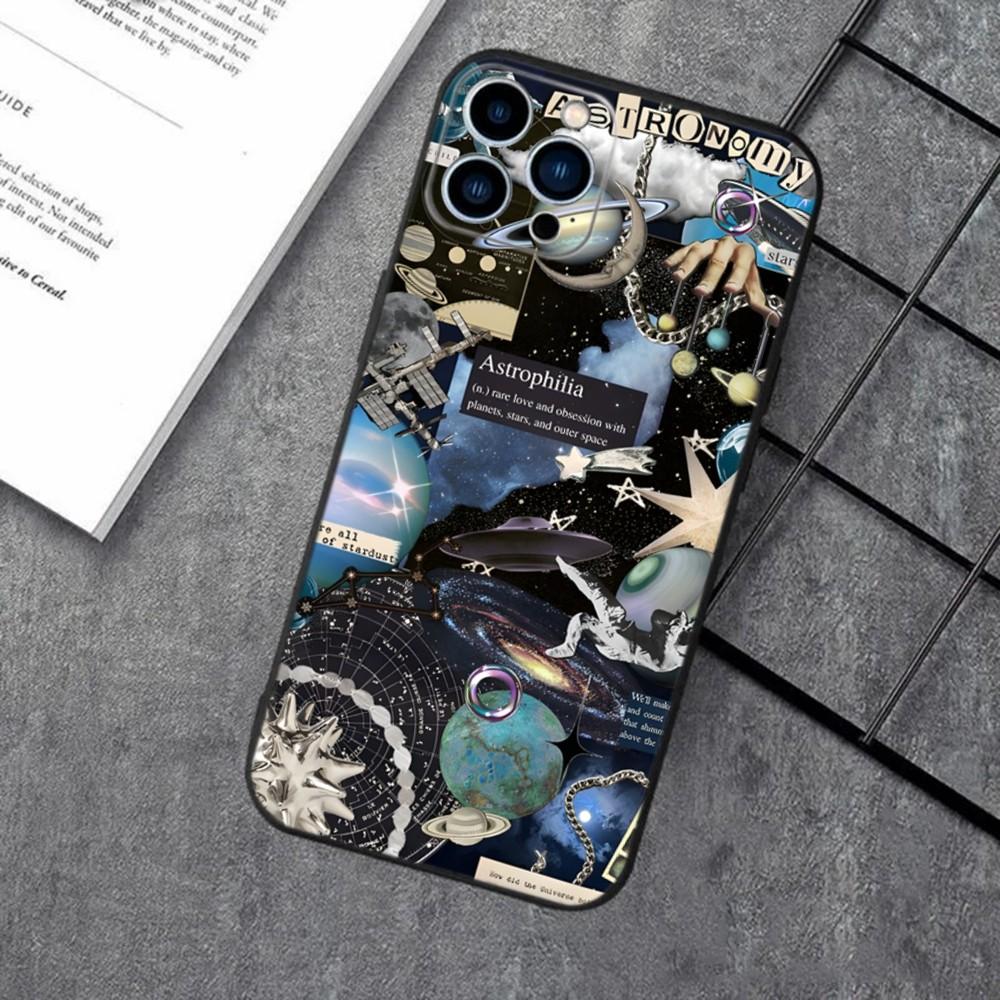 Space Planet Stars Moon Phone Case For Apple iPhone 15,14,13,12,11,XS,XR,X,8,7,Pro,Max,Plus,mini Silicone Black Cover