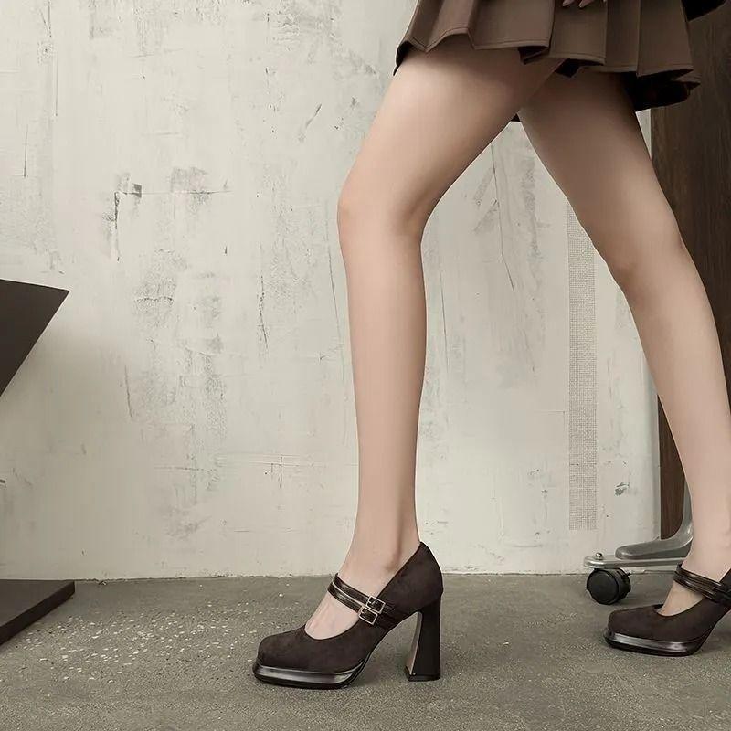 Temperament single shoes women's spring new square head suede Mary Jane waterproof table thick heel high heels women