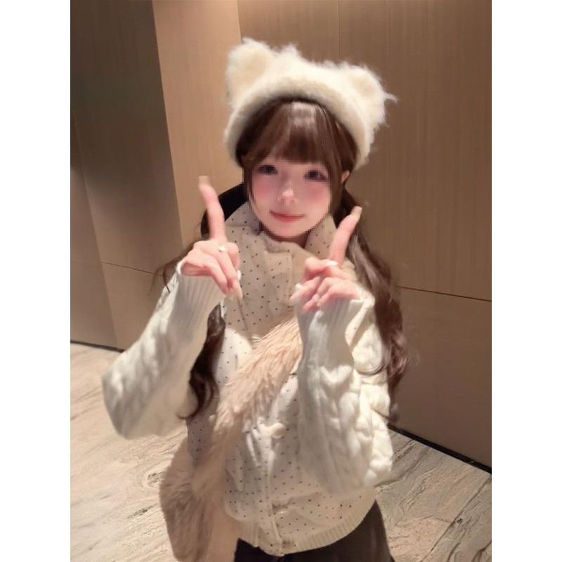 Premium Lazy Cute Wind Stand-up Collar Apricot Polka Dot Splicing Knitted Down Cotton Clothing Versatile Jacket Cotton Clothing