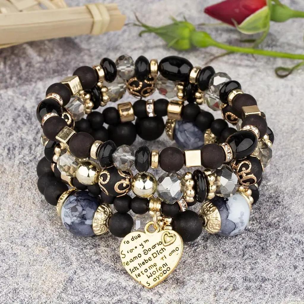 Women Beaded Bracelet Set | Colorful Boho Stackable Trendy Design with Crystal Accents Multilayer Bangle Bracelet | Fashion Stretch Braclets Jewelry