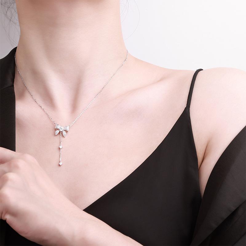 S925 Sterling Silver Bowknot Tassel Pendant Necklace with Moissanite - Women's Party Wedding Anniversary Jewelry