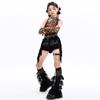 Girls Jazz Dance Costume Set Leopard One-Shoulder Vest Fringe Shorts Performance