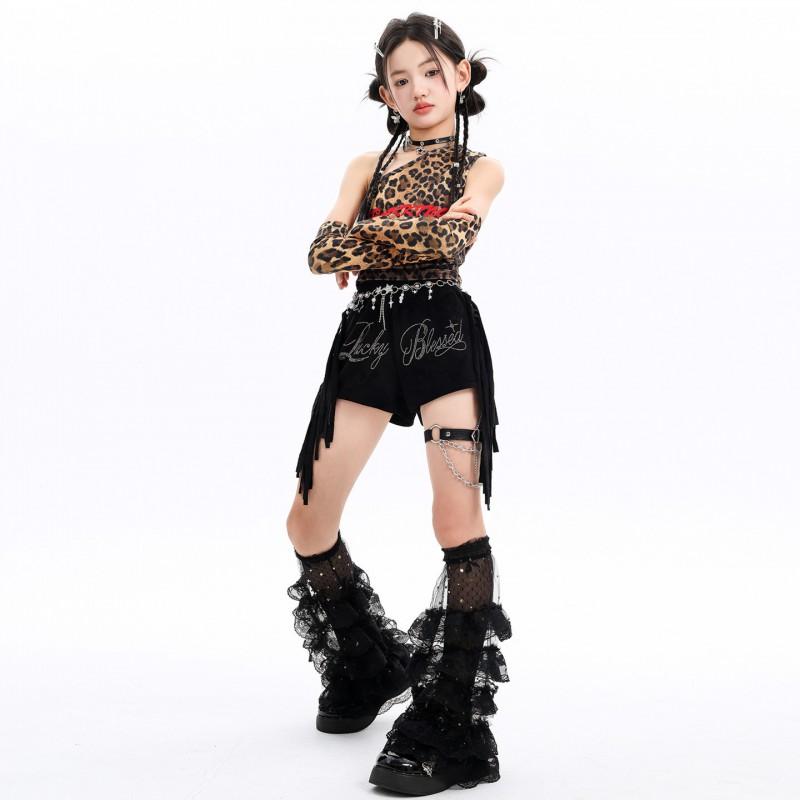 Girls Jazz Dance Costume Set Leopard One-Shoulder Vest Fringe Shorts Performance