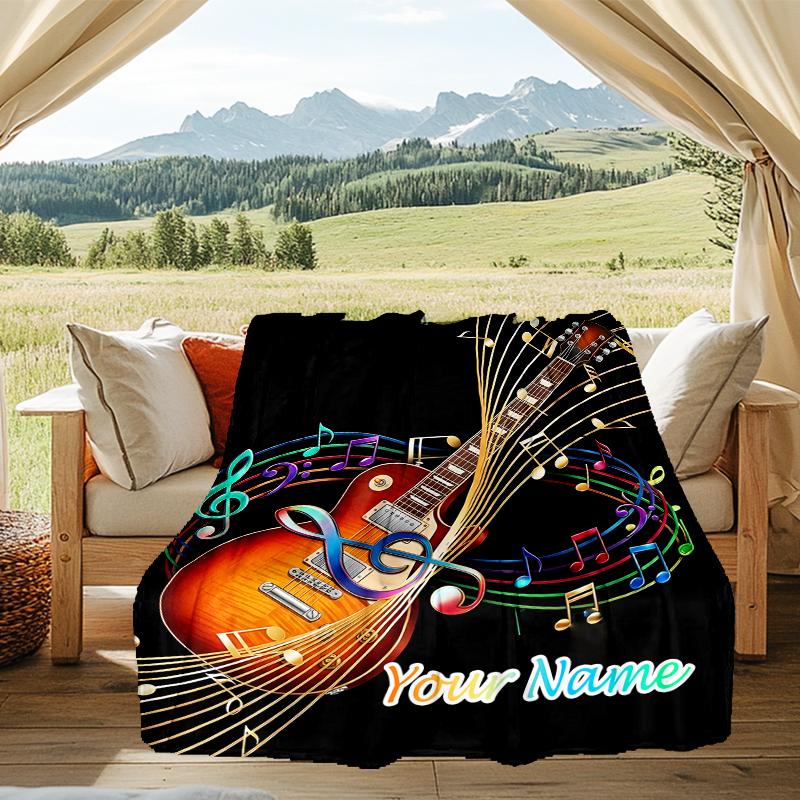 1PC Custom Name Music Notes Guitar Art flannel blanket versatile,all-season throw suitable for the living room,bedroom,camping,travel,and gift