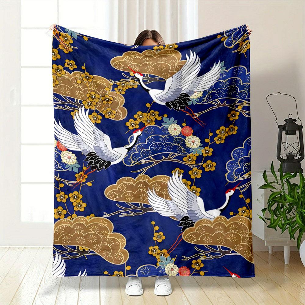Cranes Plum Blossoms Clouds Print Flannel Blanket bedroom Blanket for Livingroom Couch lunch break Soft throw for Friend's festival Gift