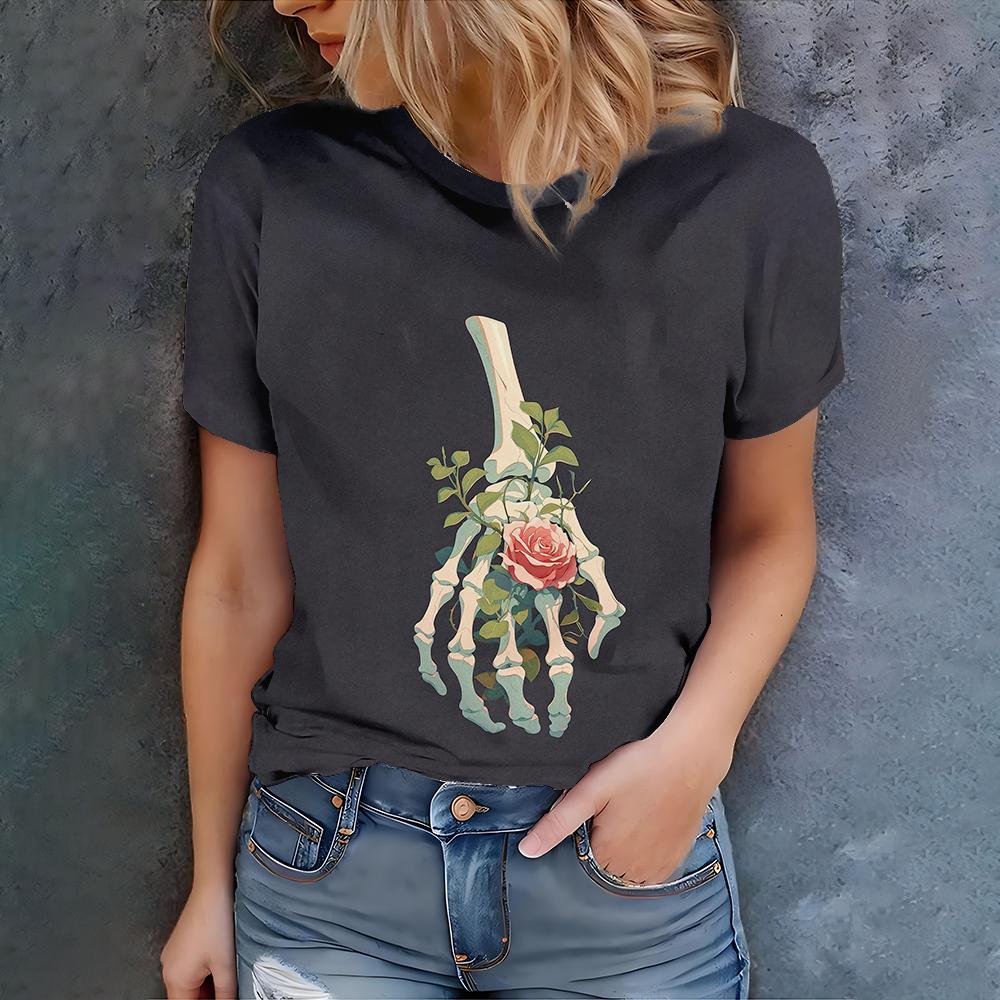 Women's Black T-Shirt With Skeleton Hand And Rose Art Print Casual Summer Style Round Neck Short Sleeve Top For Daily Wear