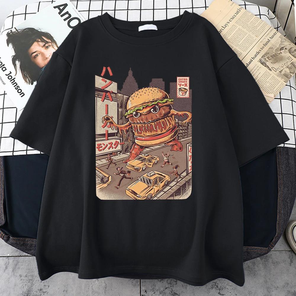Укиёэ Японский стиль Burgerzilla Мужские хлопковые футболки Японский Харадзюку Повседневные топы Оверсайз Одежда на все случаи жизни Мужская с коротким рукавом