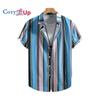Мужская рубашка с коротким рукавом и принтом в полоску синего, черного и розового цветов, летняя повседневная одежда для мужчин