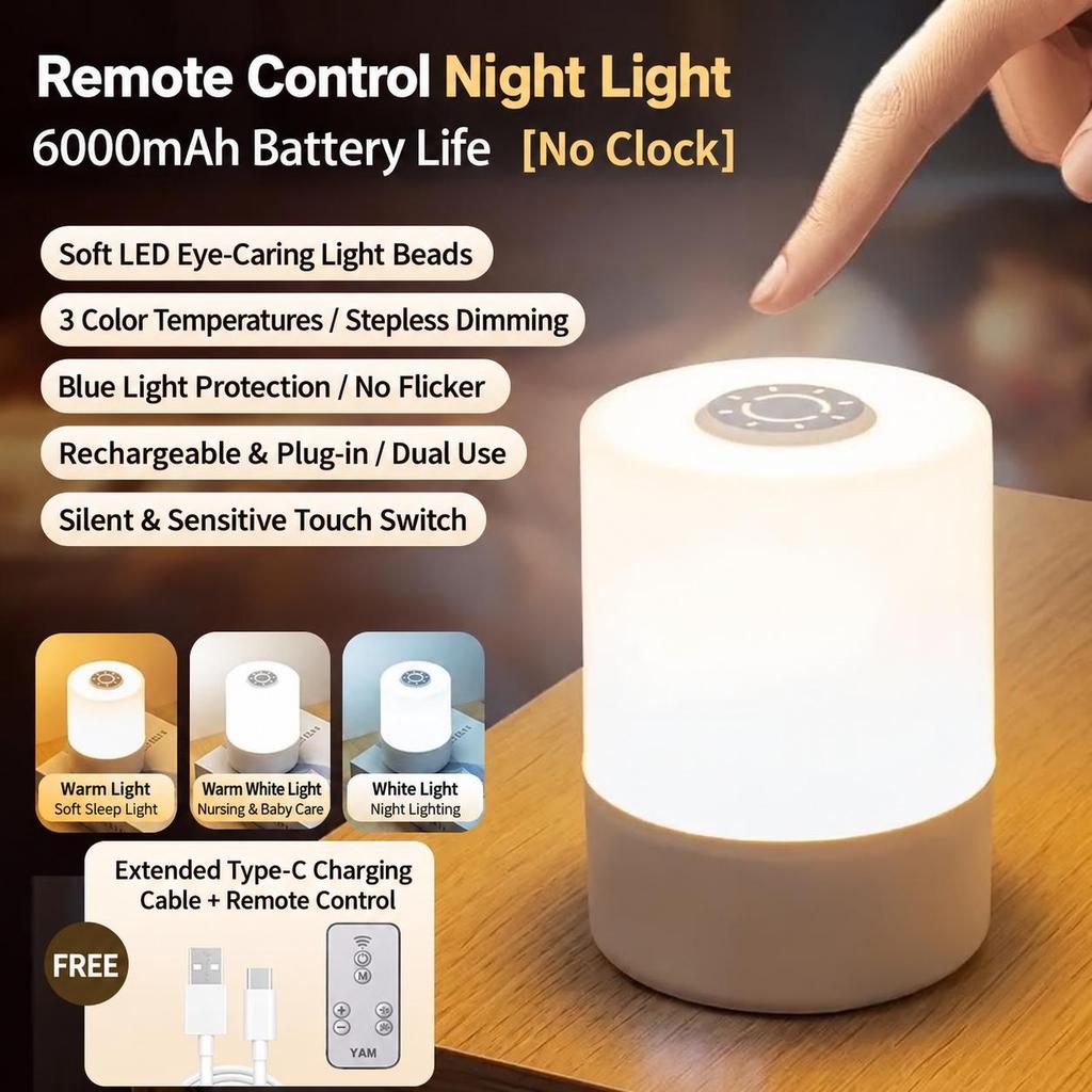 Rechargeable LED Night Light with Digital Clock, Touch Control Bedside Lamp, 3 Color Modes Dimmable Table Lamp for Bedroom, Baby Room, Desk & Camping