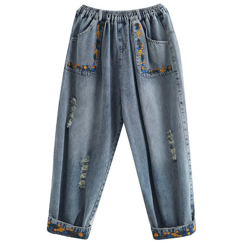 Весенне-осенние женские брюки больших размеров, свободные рваные джинсы с эластичной резинкой на талии и вышивкой, женские тонкие брюки Harlan Daddy