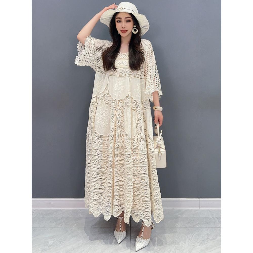 DIMANAF 2025 Лето Женщины Длинный Трикотажное Платье Рукав Базовые Модные Кружевные Платья Повседневные Свободные