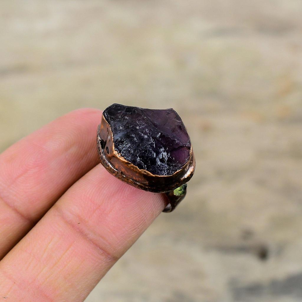 African Amethyst Rough Ring Green Tourmaline Rough Gemstone Ring Electroformed Copper Ring Adjustable Rings Handmade Electroformed Jewelry