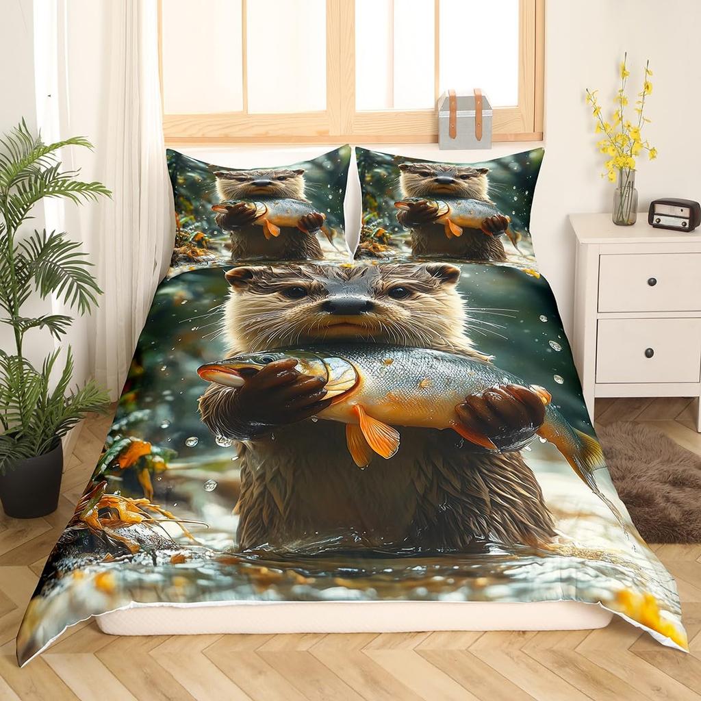 Sea Otter Duvet Cover Set Ocean Creature Otter Toddler Soft Polyester Bedding Set Cute Cartoon Animal Print Comforter Cover Sets
