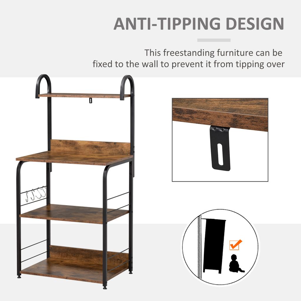 4 Tier Baker S Rack Microwave Stand With 4 Hooks Kitchen Storage Unit For Spices Pots And Pans Rustic Brown