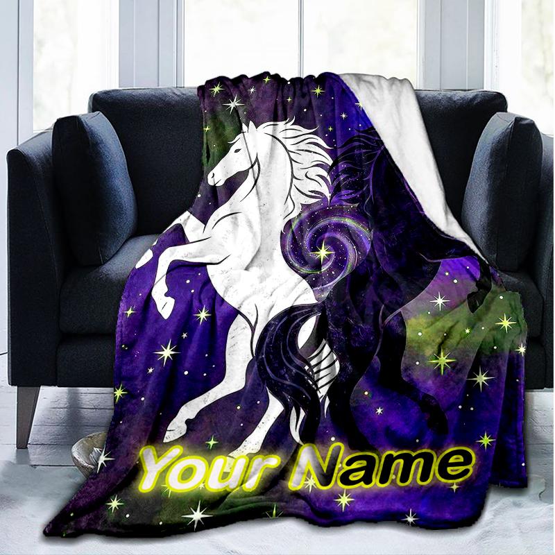 1PC Custom Name Equestrian Dreams Stars flannel blanket versatile,all-season throw suitable for the living room,bedroom,camping,travel,and gift