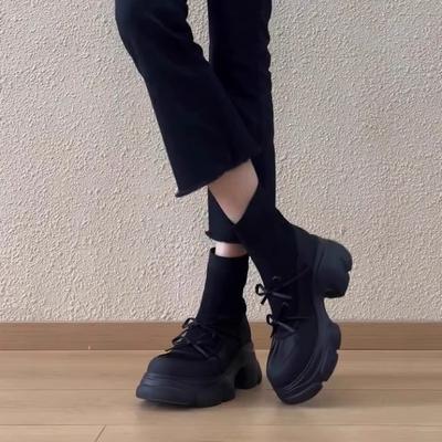 Версия из овчины~ 2025 осень и зима новые эластичные ботинки на толстой подошве женские ботинки в британском стиле с отделкой бантом на подошве-маффин, тонкие ботинки