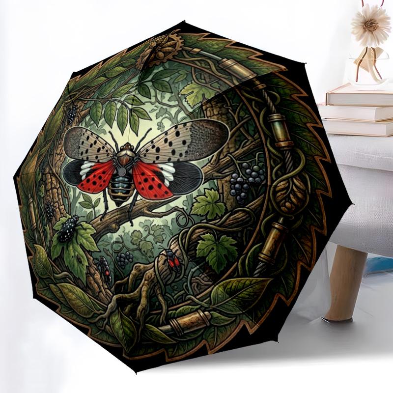 Insect Forest Emblem pattern umbrella, portable and foldable design, 8 ribs, a casual accessory for Halloween, Christmas, and birthday gifts.