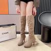 Модные женские сапоги выше колена, новые однотонные уличные ботинки зимы 2024 года, горячая распродажа, модные туфли из замши с круглым носком и тонким каблуком для женщин