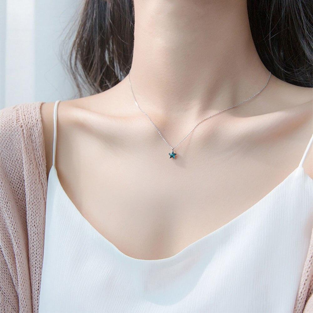 New 925 Sterling Silver Women Necklace Blue Crystal Five-pointed Star Pendant Fashion Small Fresh Clavicle Chain Jewelry Gift